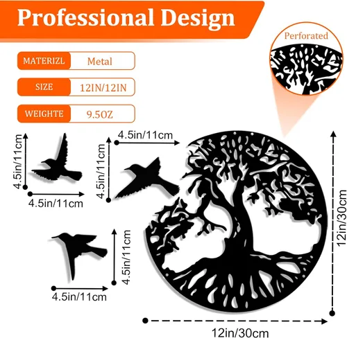 Miniatura 3 de LZAOA Arte de pared de metal con 3 pájaros, 4 piezas de arte decorativo de pared de metal negro con 3 pájaros para sala de estar, baño, cocina
