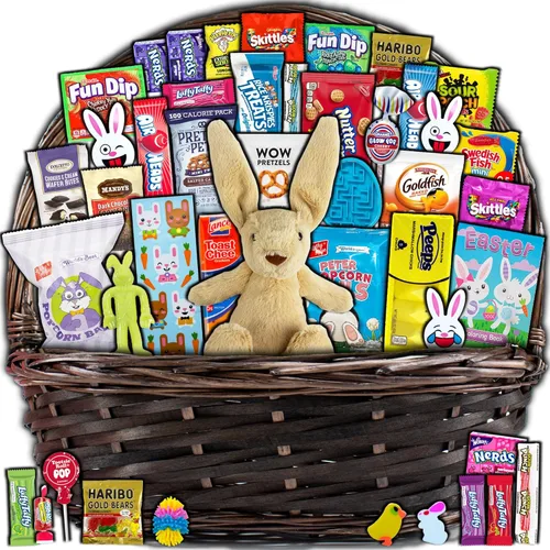 Miniatura 7 de Cesta de Pascua morada para niños y adultos (40 artículos) – Cesta de regalo llena de caramelos, bocadillos, golosinas y conejo de Pascua de peluche