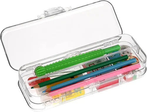 Miniatura 2 de BTSKY Caja de lápices de doble cubierta, caja de plástico transparente con 4 reglas extraíbles, espaciadores divisores, cajas de utilidad