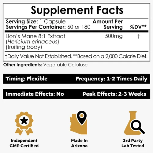 Miniatura 2 de Nootropics Depot Cápsulas de hongos melena de leones Extracto dual de cuerpo fructífero completo 8:1 500 mg 60 unidades Hericium erinaceus