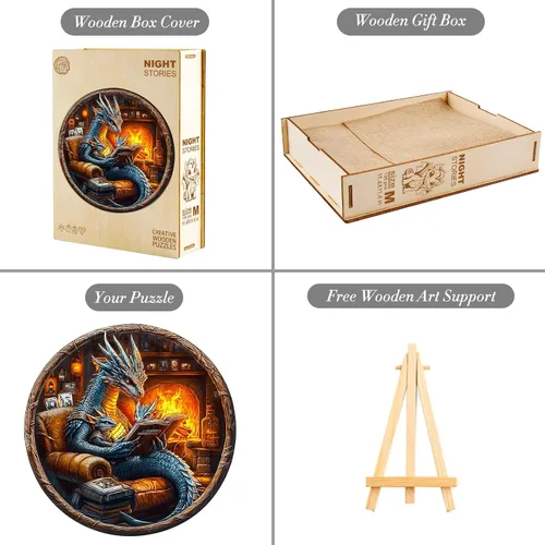 Miniatura 6 de KAAYEE Rompecabezas de madera para adultos, efecto visual 3D, dragón de lectura nocturna familiar, rompecabezas de madera de forma única, Lectura