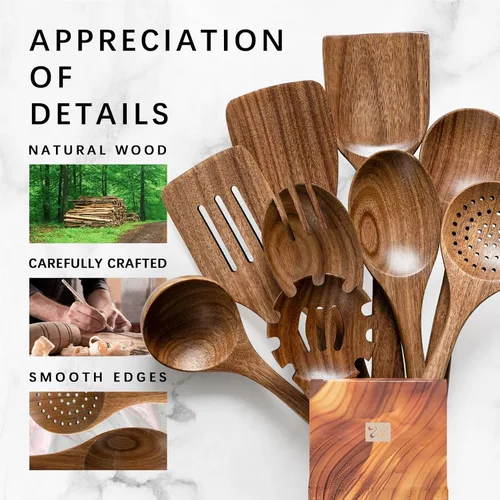 Miniatura 4 de Cucharas de madera para cocinar, juego de utensilios de cocina antiadherentes con 9 espátulas de madera de acacia y cucharas para cocinar, excelente