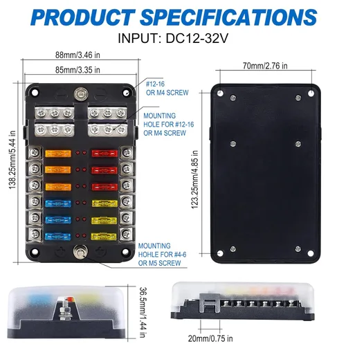 Miniatura 6 de Bloque de fusibles, soporte de caja de fusibles de 12 V con indicador LED, cubierta impermeable, panel Cyrico de 12 circuitos con bus negativo