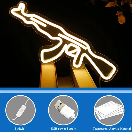 Miniatura 7 de Letrero de neón AK47Gun, arte de pared LED en forma de pistola, luz de neón LED alimentada por USB para decoración de pared en cueva de hombre, sala