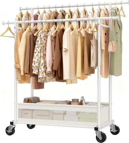 Miniatura 11 de Perchero de ropa para colgar ropa, perchero portátil con ruedas, perchero de ropa de doble barra con cesta de almacenamiento, perchero