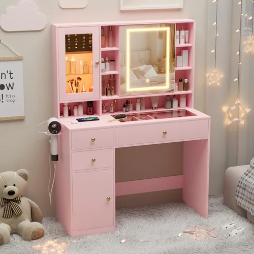 Miniatura 21 de Wodeer Pequeño escritorio de maquillaje con espejo y luces, tocador con armario de cristal, luces LED y toma de corriente, cajón y gabinetes