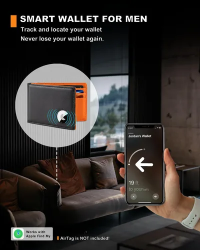 Miniatura 19 de Billetera AirTag para hombre, de piel auténtica plegable con bloqueo Rfid AirTag con ranuras para efectivo y ventana de identificación, compatible