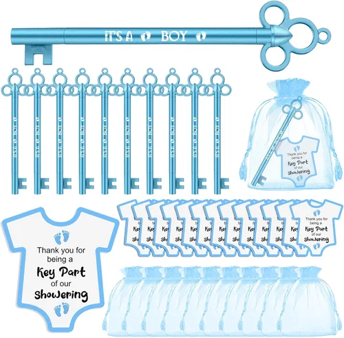 Geyoga 50 juegos de recuerdos de fiesta de baby shower, 50 bolígrafos elegantes con forma de llave, bolígrafos de tinta de gel, 50 tarjetas de Azul