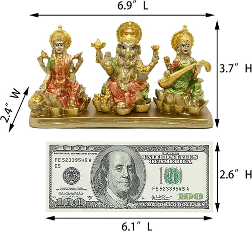 Miniatura 5 de alikiki Estatua hindú de Lakshmi Ganesha Saraswati – Ídolo de Laxmi Ganesh para decoración del tablero del automóvil, templo mandir Pooja, artículo