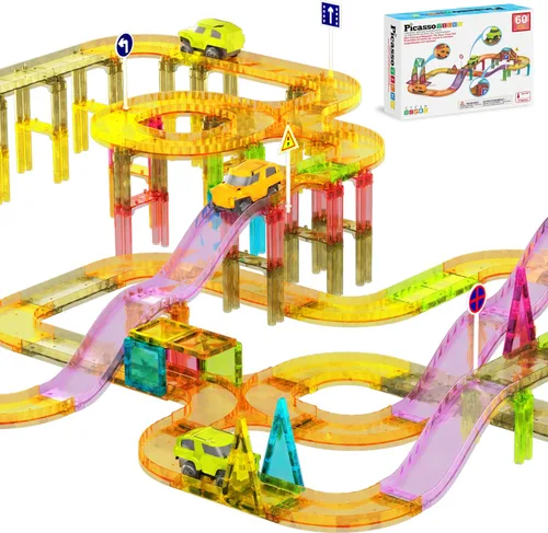 Miniatura 9 de PicassoTiles Carrera de coches de pista magnética azulejos magnéticos juguete de viaje sensorial azulejos juguetes para niños pequeños STEM