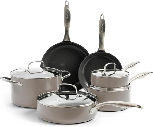 GreenPan Canterbury - Juego de 10 piezas de ollas y sartenes de cerámica anodizada saludable antiadherente sin PFAS, mangos de acero inoxidable,