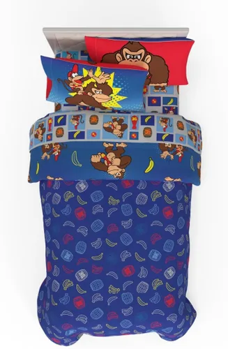 Miniatura 2 de Franco - Juego de ropa de cama coleccionable Nintendo Donkey Kong, 5 piezas, edredón reversible supersuave y juego de sábanas con funda, tamaño Rojo