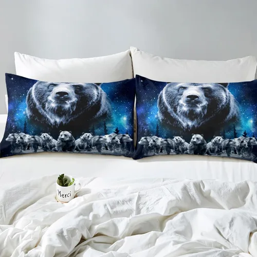 Miniatura 7 de Feelyou Juego de edredón de oso azul, juego de ropa de cama de osos de animales, juego de edredón acolchado con estampado de arboleda de galaxia