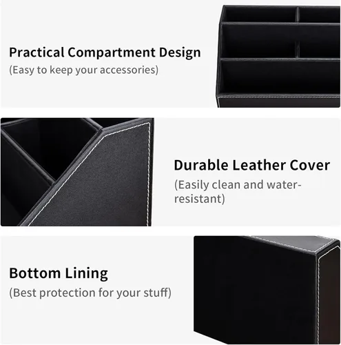 Miniatura 8 de KINGFOM™ Caja de almacenamiento y organizador de papelería multifunción para escritorio; estructura de madera y piel para la oficina del hogar; Negro