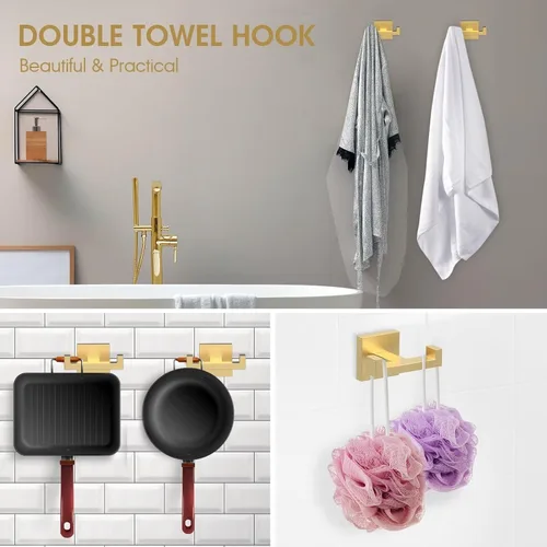 Miniatura 2 de BOZWELL Ganchos dobles para toallas para baño, montaje en pared dorado cepillado, paquete de 2 ganchos modernos de estilo cuadrado para bata, Oro