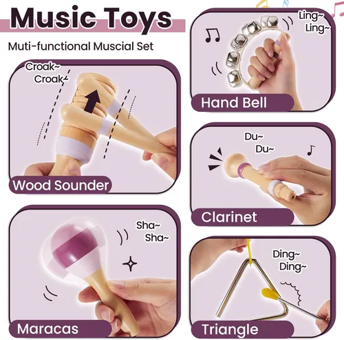 Miniatura 3 de BUYGER Instrumentos musicales de madera para niños pequeños de 1 a 3 años, instrumentos de percusión Montessori para bebés, juguetes musicales