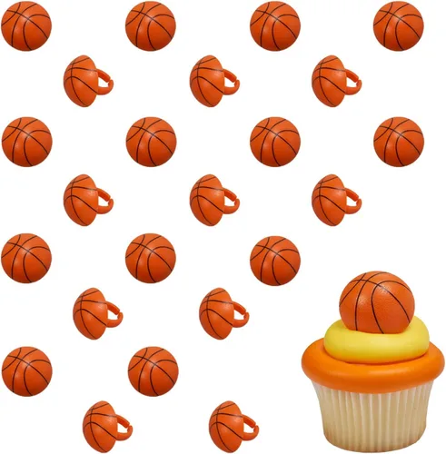 DecoPac Anillos 3D de baloncesto, decoraciones para cupcakes, toppers para pasteles aptos para alimentos – Paquete de 24
