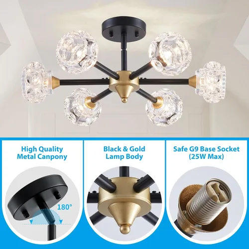 Miniatura 4 de XINGQI Lámpara de techo moderna de 6 luces, lámpara de montaje semiempotrado Sputnik, lámparas de araña doradas en negro para recámara, comedor