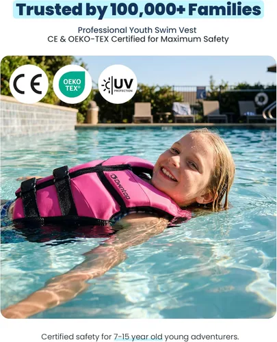 Miniatura 2 de Owntop Chaleco de natación para niños y jóvenes Chaqueta de natación de neopreno ligera y de secado rápido Kayak, entrenamiento de natación, Rosa