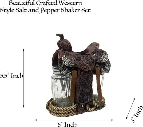 Miniatura 2 de Urbalabs Western Saddle Wagon Wheel Spur and Belt Country Star Cowboy Roper Star - Salero y pimentero con hebilla de estrella, carrito para mesa