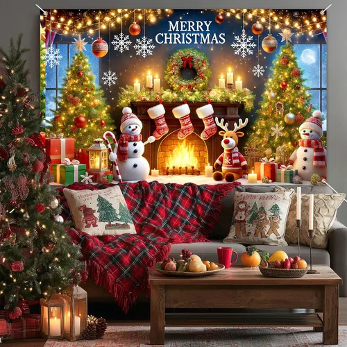 Miniatura 4 de BlissYard Pancarta de Fondo Navideño Escena de Chimenea con Muñeco de Nieve Reno Medias Guirnalda Árbol Regalos Decoración de Fiesta Navideña 71×43