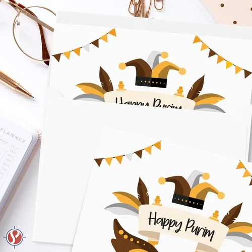 Miniatura 4 de 25 tarjetas de felicitación Happy Purim, máscara tradicional de símbolos de Purim, pergamino, invitaciones de felicitación religiosas judías