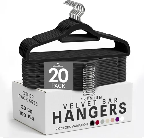 Utopia Home Perchas de terciopelo de alta calidad, paquete de 20 – Percha antideslizante con barra de amarre – Perchas negras con gancho giratorio