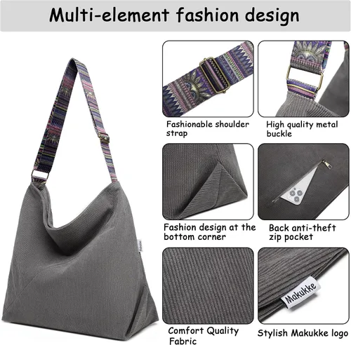 Miniatura 4 de Makukke Bolso de mano para mujer, bolso cruzado grande, elegante bolso de pana para mujer, bolso de hombro a la moda