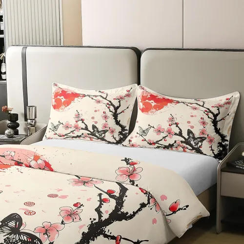Miniatura 4 de jejeloiu Juego de funda de edredón de flores de cerezo 100% algodón, tamaño matrimonial, estilo japonés, juego de ropa de cama 100% algodón