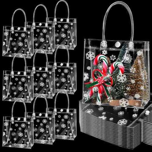 Gueevin 60 piezas de bolsas de regalo de Navidad transparentes con asas, bolsas de plástico a granel para dulces, con temática de copo de nieve,