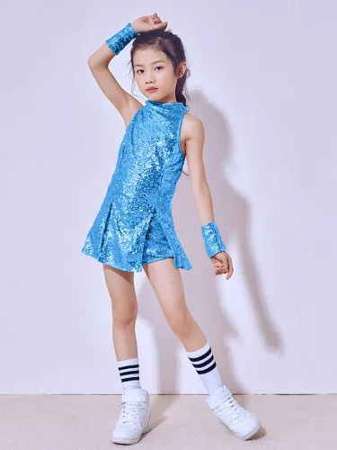 Miniatura 2 de LOLANTA Vestido de baile de lentejuelas para niñas de 4 a 12 años, traje de baile de hip hop, sin mangas y pantalones cortos