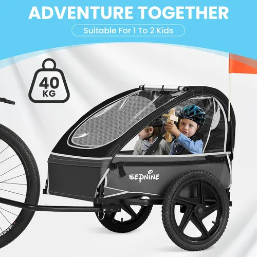 Miniatura 2 de Sepnine Remolque de bicicleta para niños, adecuado para 1 a 2 niños, 12 meses en adelante, fijación rápida a la bicicleta, plegable, con arnés de 5