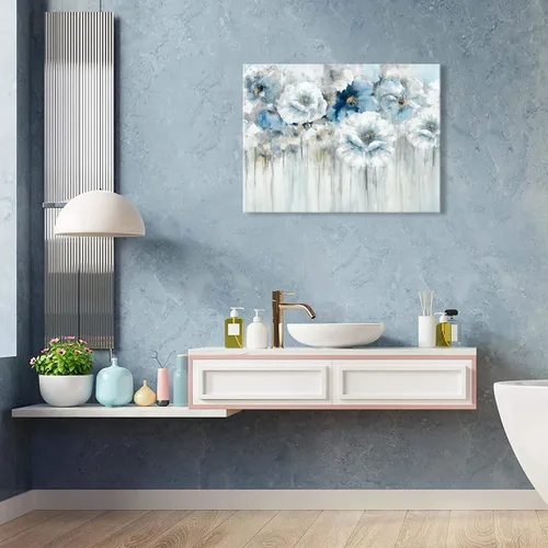 Miniatura 3 de Cuadro de flores para sala de estar, arte de pared floral azul y blanco sobre lienzo con detalles dorados para decoración de dormitorio gris, 32 x