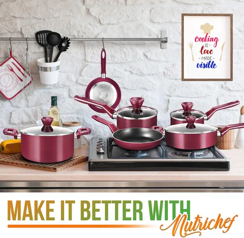 Miniatura 7 de NutriChef Juego de utensilios de cocina antiadherentes de cocina de 13 piezas, sin PTFE/PFOA/PFOS, resistentes al calor, ollas con cacerola, Rojo