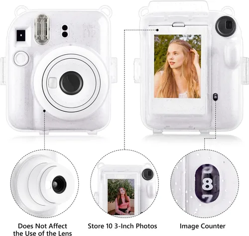 Miniatura 4 de Rieibi Funda transparente compatible con Fuji Instax Mini 12 – Funda con purpurina para cámara instantánea Fujifilm Instax Mini 12 con bolsillo