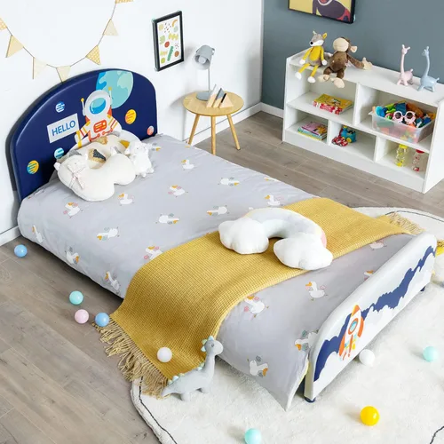 Miniatura 8 de Costzon Armazones de Cama Individual para Niños, Plataforma de Cama Individual Tapizada de Madera con Soporte de Listones, Cabecera y Pie de Cama