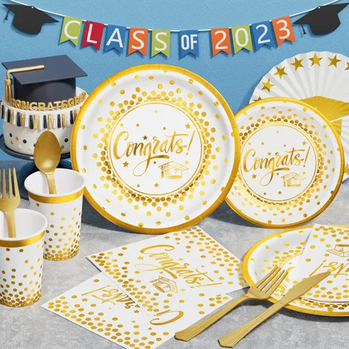 Miniatura 3 de Decoraciones de graduación 2026 – 245 piezas de vajilla desechable de grado (servir 25) y suministros para fiesta de graduación con plato de papel