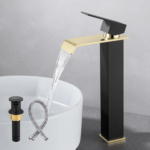 Grifo de Lavabo Negro y Dorado, Grifo de Baño Alto de Un Solo Agujero, Hecho de Acero Inoxidable SUS304 Moderno, Incluye Drenaje Desplegable y