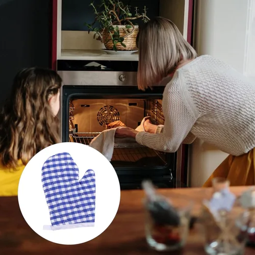 Miniatura 9 de 2 guantes de horno para cocina de juego, guantes de horno de microondas, guantes de cocina para hornear, a cuadros rojos para una parte trasera Azul