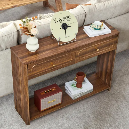 Miniatura 9 de ORRD Mesa consola acanalada con cajones, mesa de entrada estrecha de mediados de siglo con estantes de almacenamiento abiertos, mesas decorativas