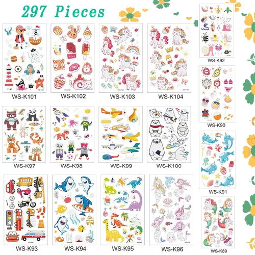 Miniatura 2 de 297 tatuajes luminosos para niños, 16 hojas de estilos mixtos de tatuajes temporales con sirena/dinosaurio/espacio/pirata para niños y niñas