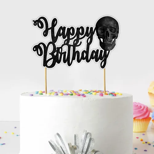 Decoración para pastel de feliz cumpleaños con diseño de calavera atrevida y colores oscuros, suministros para cumpleaños, Halloween, celebraciones