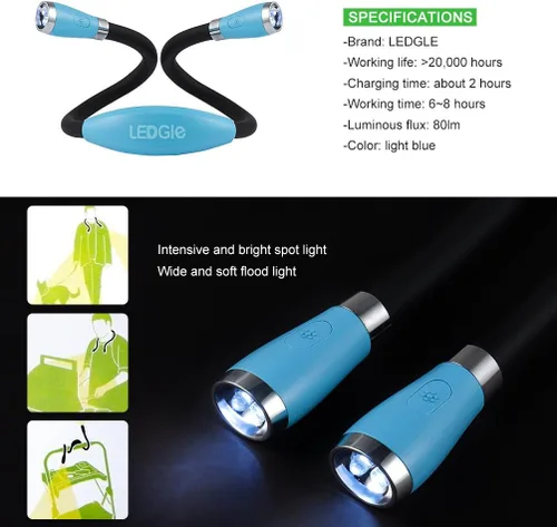Miniatura 5 de LEDGLE Luz de lectura para el cuello, linternas recargables para el cuello para tejer, 4 bombillas LED + 3 brillo ajustable + brazos de silicona