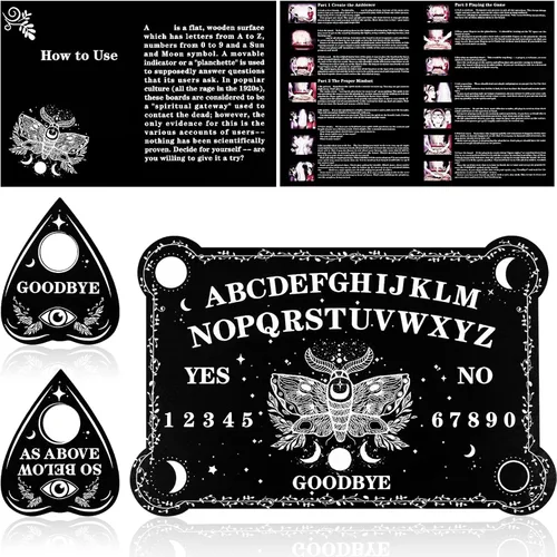 Miniatura 8 de Juego de tablero de adivinación de péndulo de radiestesia, tablero parlante de madera negra con accesorios de planchette para fiestas de cumpleaños
