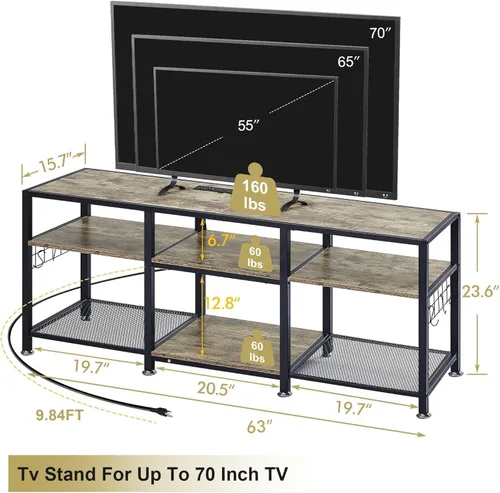 Miniatura 2 de VECELO Soporte de TV de 63 pulgadas con tomas de corriente para televisión de 55/60/65/70 pulgadas, centro de entretenimiento con estantes