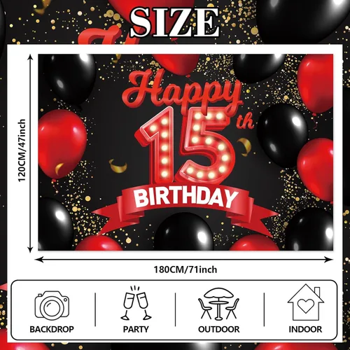 Miniatura 2 de Cartel de feliz cumpleaños 15 color rojo y negro, decoración temática de globos para niñas y mujeres, princesas de 15 años, fiesta de cumpleaños