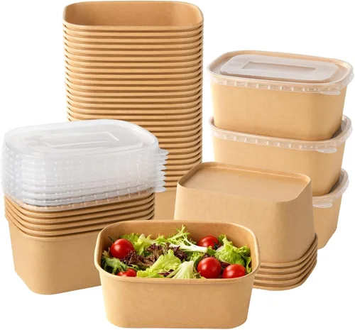 Miniatura 10 de 50 juegos de tazones de papel kraft desechables de 17 oz con tapas, recipientes de papel para alimentos rectangulares con tapas, ensaladeras