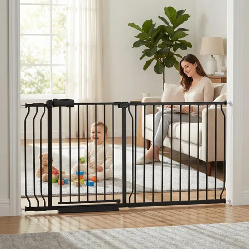 Miniatura 28 de Puerta extra ancha para bebé, puertas de seguridad extra altas para interiores, metal negro, gran montaje a presión, puerta para mascotas, puerta