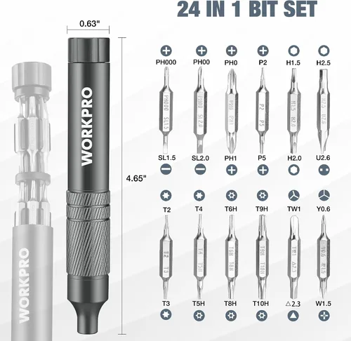 Miniatura 6 de WORKPRO Juego de destornilladores multifunción 24 en 1, mini destornilladores magnéticos con puntas manuales, destornilladores pequeños de acero S2