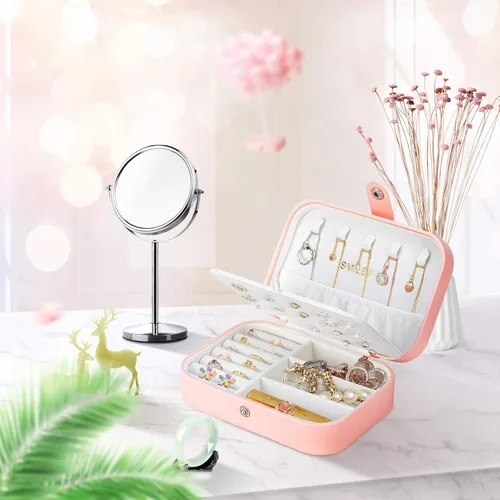 Miniatura 5 de Smileshe Joyero estuche de viaje portátil pequeño de piel sintética organizador de 2 capas caja de almacenamiento para anillos aretes collares